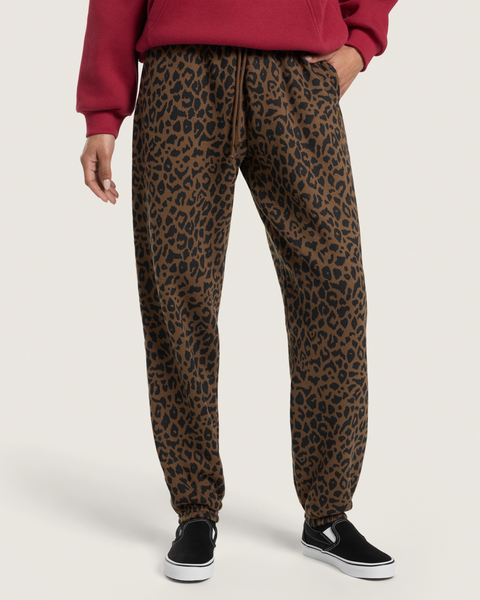 Vans women's brown leopard print fleece jogger pants with drawstring waist