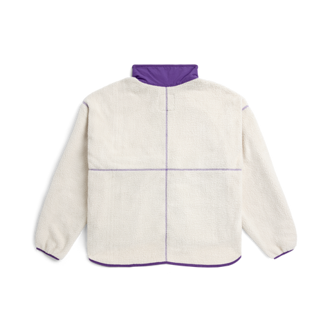Vans women's cream sherpa fleece jacket with purple collar and contrast stitching, back view