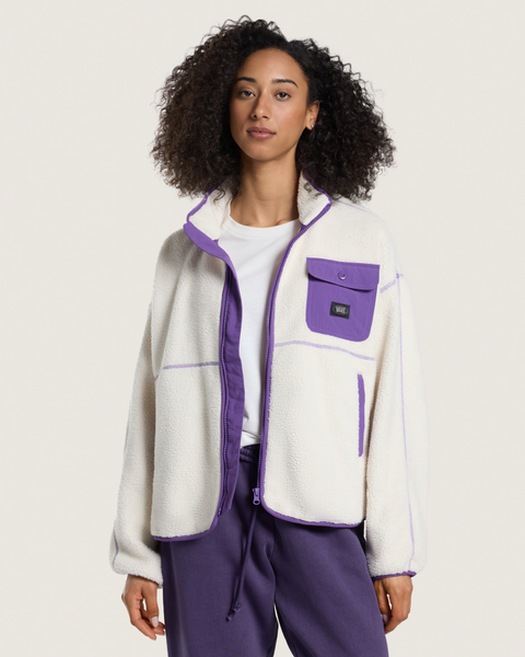 Vans women's cream sherpa zip jacket with purple trim and chest pocket