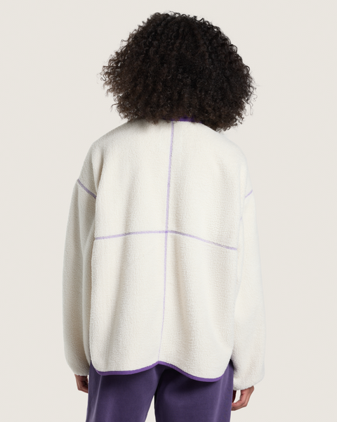 Vans women's cream sherpa fleece jacket with purple contrast stitching, back view