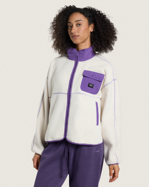Vans women's cream sherpa zip jacket with purple contrast collar, pocket, and trim