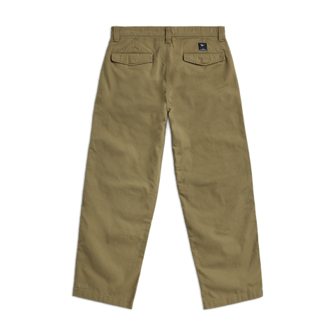 Vans x Atiba men's olive green cargo pants, back view with two flap pockets