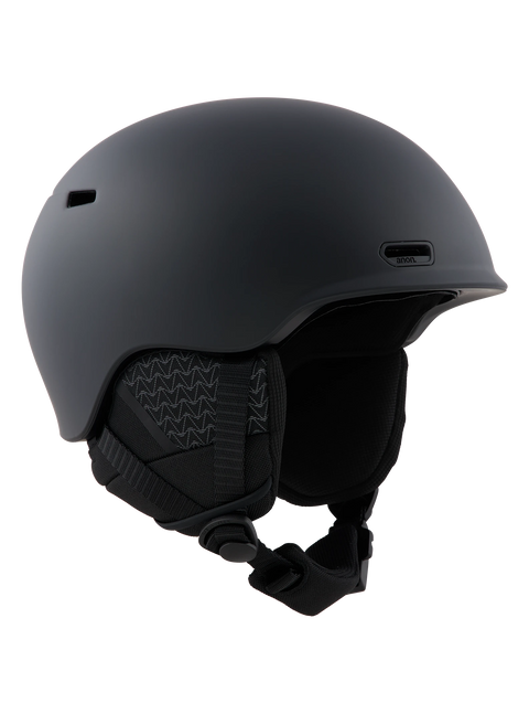 Anon Oslo matte black snowboard helmet with textured ear pads and chin strap