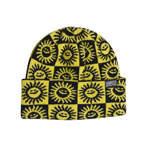 Autumn branded knit beanie with checkered smiley sun pattern and folded cuff