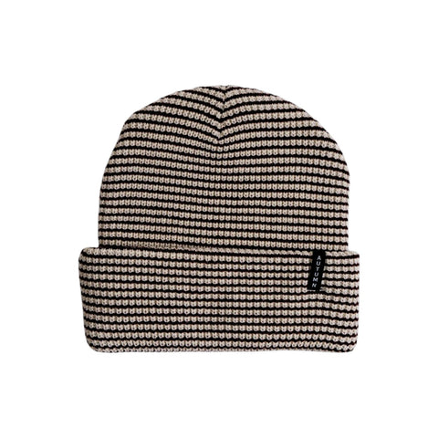 Autumn brand striped knit beanie with folded cuff and woven logo label