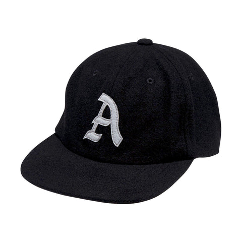 Black wool six-panel strapback cap with old English letter A embroidered patch on front