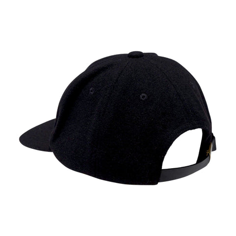 Back view of a black wool six-panel strapback cap with leather strap and gold hardware