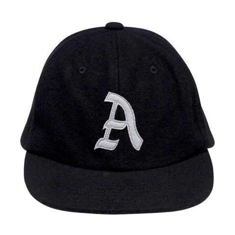 Black wool six-panel strapback cap with old English letter A patch on front