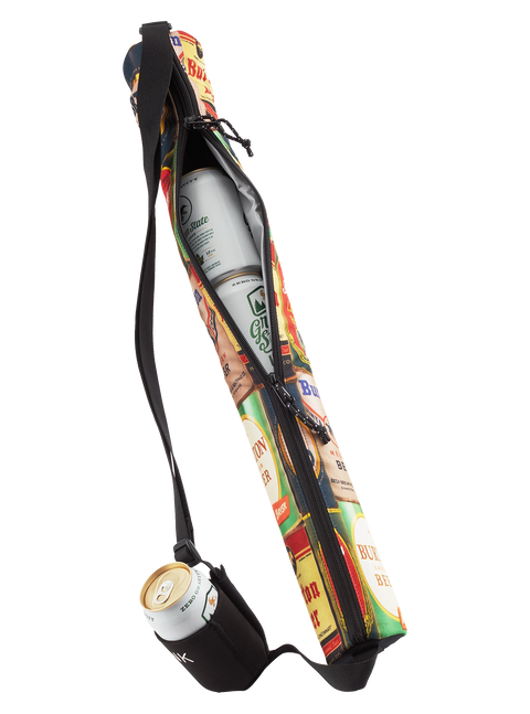Burton Beeracuda 2L cooler bag with beer label print, open zipper, and can holder strap