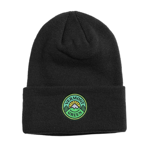 Black knit beanie with Vermont Green FC circular embroidered patch on cuff