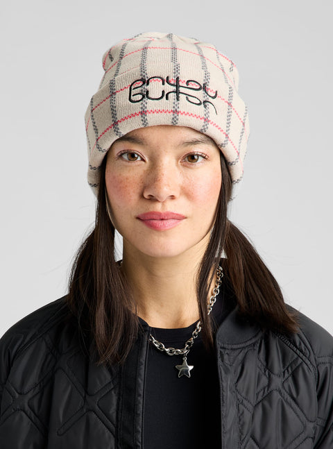 Burton Partylap Beanie in cream plaid with pink and gray stripes and logo
