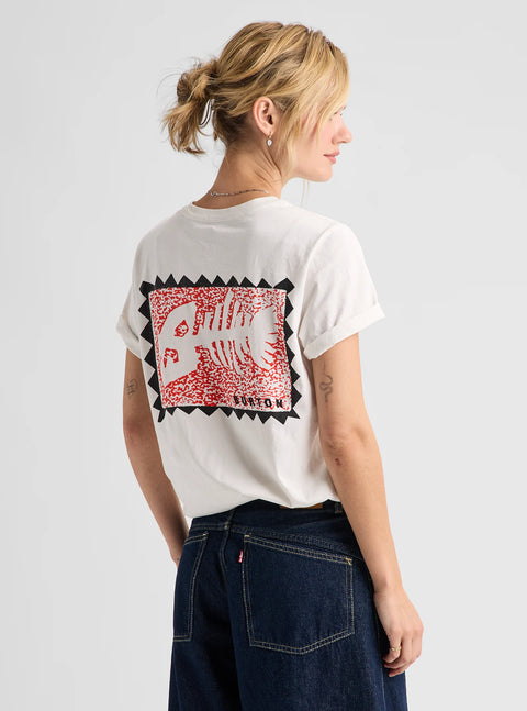 Burton white short sleeve t-shirt with red fish skeleton graphic on back