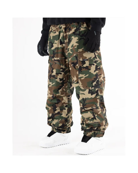 Howl men's insulated cargo snow pants in woodland camouflage pattern with multiple pockets