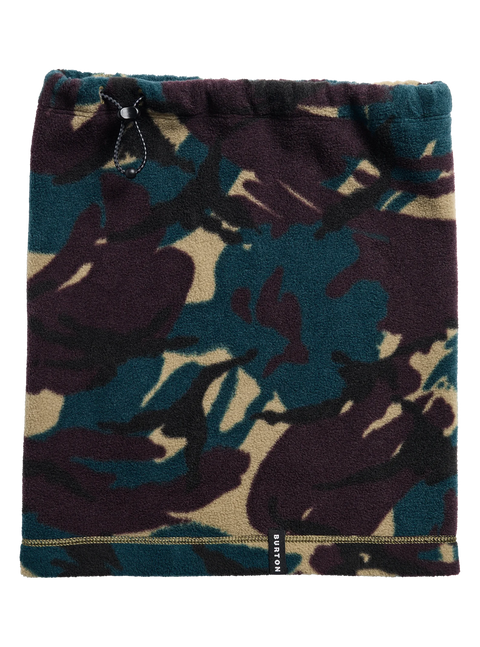 Burton fleece neck gaiter in purple, teal, and tan camouflage pattern with drawstring