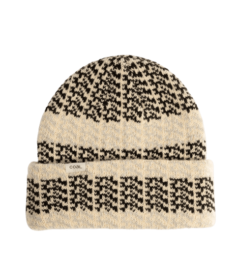 Coal knit beanie with black and cream Fair Isle pattern and folded cuff