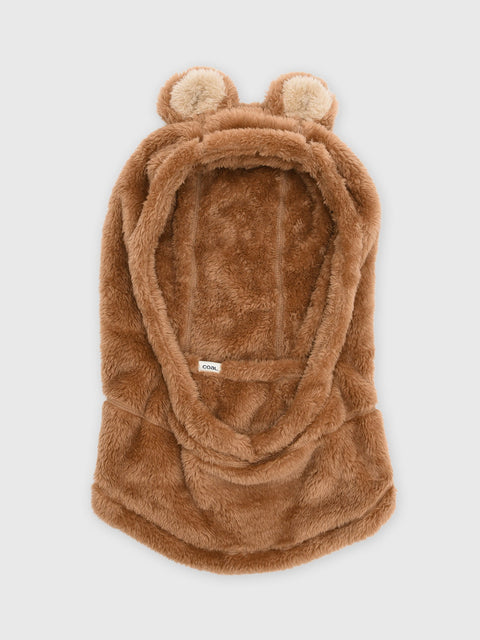 Kids bear balaclava hood with fuzzy fleece texture and rounded animal ears on top