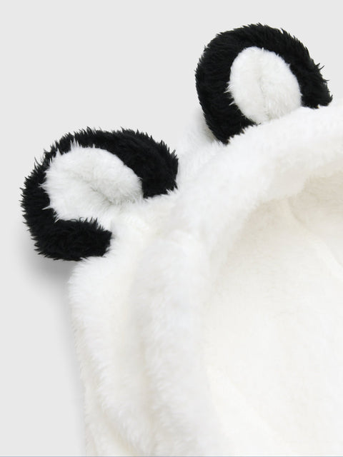 Close-up detail of a fluffy white kids hood with black-trimmed panda bear ears on top