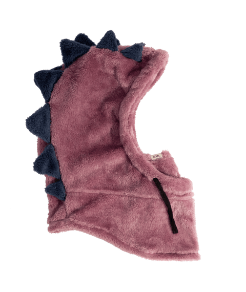Children's plush fleece balaclava hood with dark navy dinosaur spikes along the top