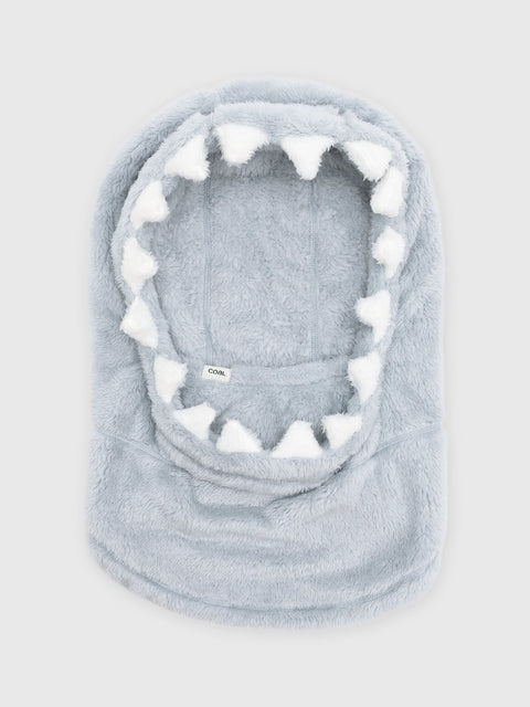 Kids fluffy grey balaclava hood with white shark tooth trim around face opening
