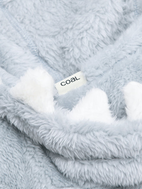 Close-up detail of a soft fluffy kids hood with Coal brand label and white trim accents
