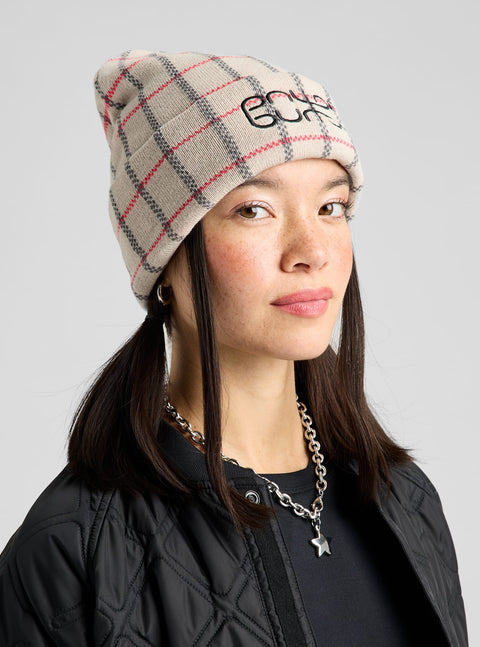 Burton plaid beanie in beige with pink and gray checks, black logo embroidery