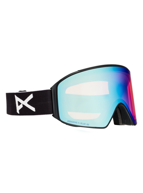 Anon M4 black ski goggles with blue mirrored cylindrical lens and logo strap