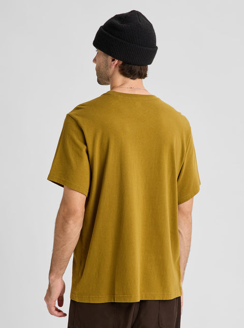 Men's olive green oversized short sleeve t-shirt, back view, worn with black beanie
