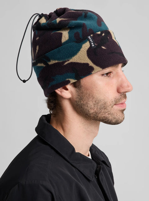 Burton fleece beanie in camo print with drawstring closure, worn by male model
