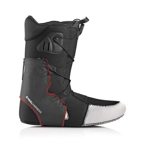 Deeluxe ID 2027 black snowboard boot with red stitching and heel harness detail