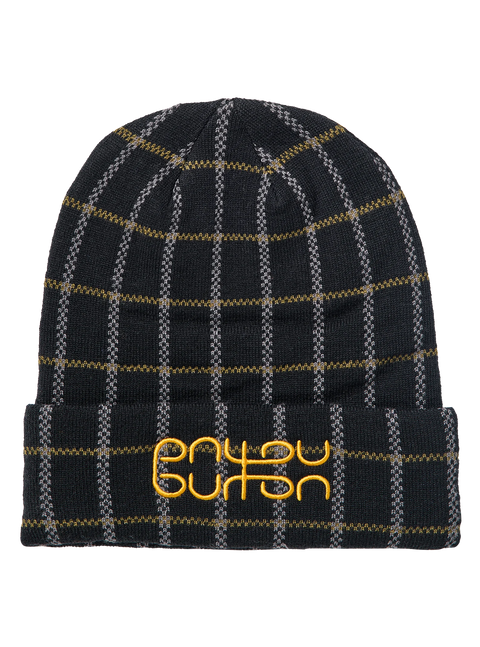 Burton Partylap Beanie in black plaid with yellow embroidered Enjoy Burton logo
