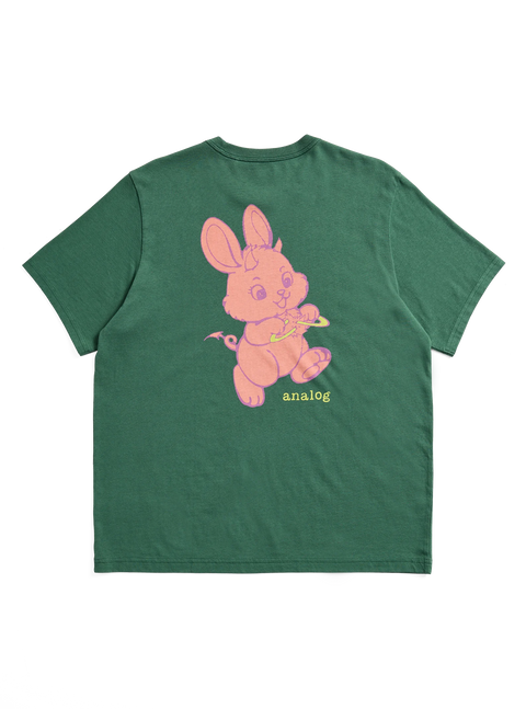 Green Analog men's t-shirt back view with pink bunny graphic and logo