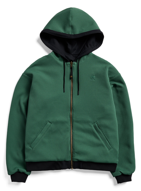 Analog Men's Toughy Reversible Hoodie in green waffle-knit with black lining and brass zip