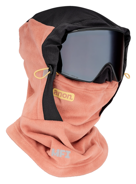 Anon MFI fleece balaclava in salmon pink with black trim and matching ski goggles