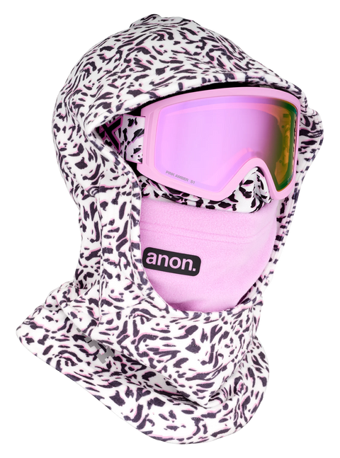 Anon kids' pink animal print fleece balaclava with matching pink amber ski goggles
