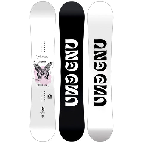 GNU Fiction snowboard shown from three angles: top, base, and side views