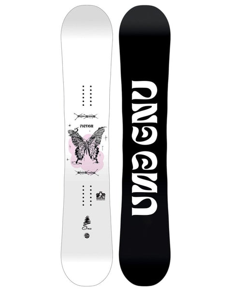 GNU Fiction snowboard showing white top deck with butterfly graphic and black base