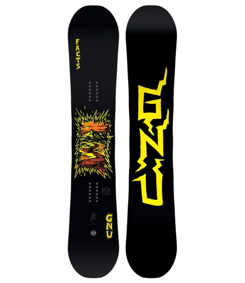 GNU Facts snowboard shown from front and back on white background, black with yellow logo