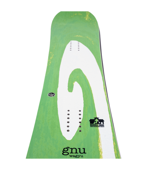 GNU Wagyu snowboard top sheet featuring bold green and white swirl graphic design