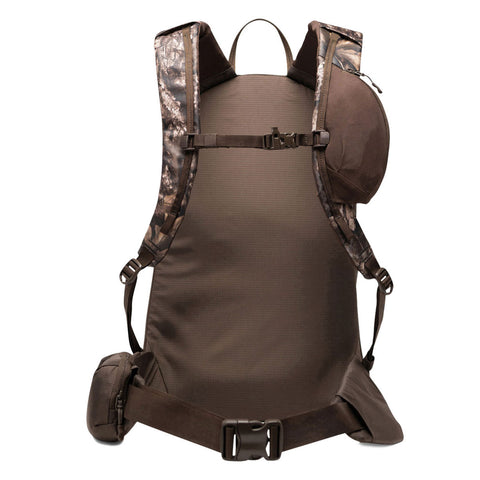 Back view of hunting backpack with camo shoulder straps, chest buckle, and hip belt pouches