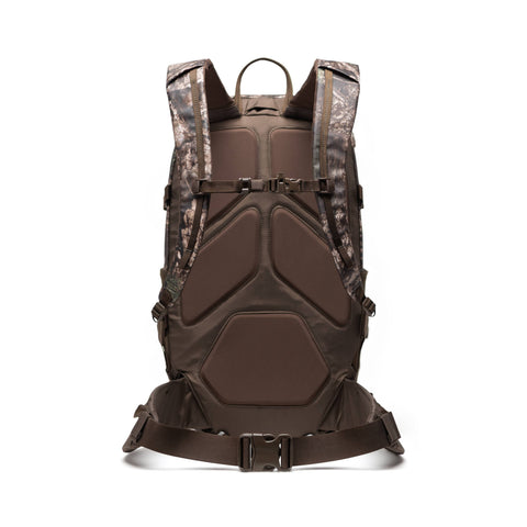 Back view of camouflage hunting backpack with padded harness system and waist belt