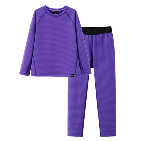 Youth two-piece fleece base layer set with long-sleeve top and matching pants with black waistband