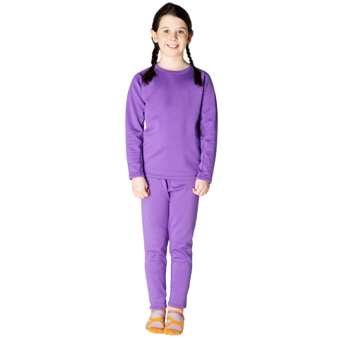 Child model wearing matching purple long-sleeve top and leggings fleece layering set