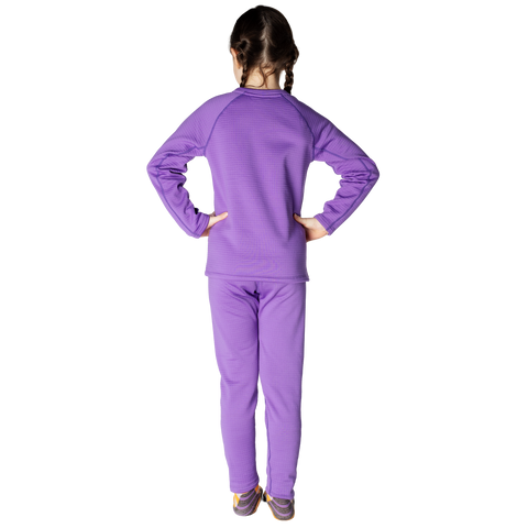 Child model wearing purple two-piece thermal fleece layering set, back view shown