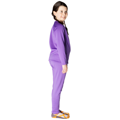 Child model wearing matching purple long-sleeve top and pants fleece layering set, side view