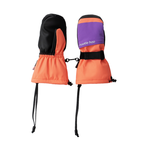 Kids winter ski mittens shown front and back with wrist straps and reflective cords