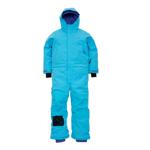 Youth toddler one-piece insulated snowsuit with hood, front zip, and knee reinforcements