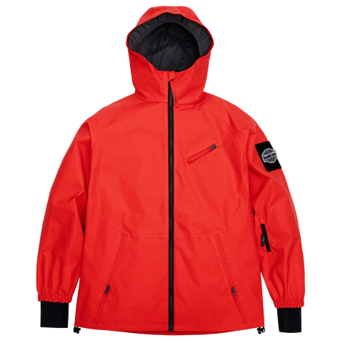 Kids hooded shell jacket with full-length zipper, chest pocket, and sleeve badge patch