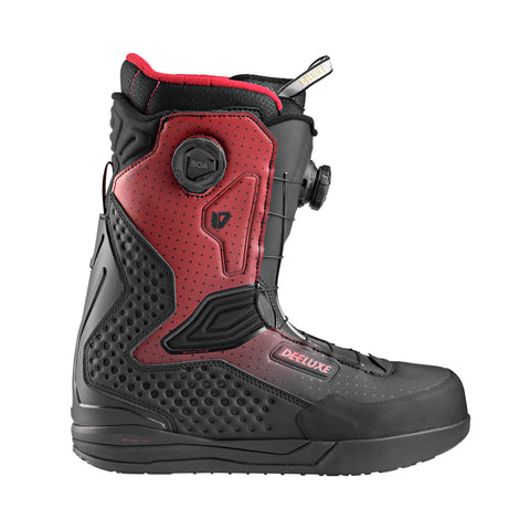 Deeluxe ID Y-20 snowboard boots in black and red with dual BOA lacing system