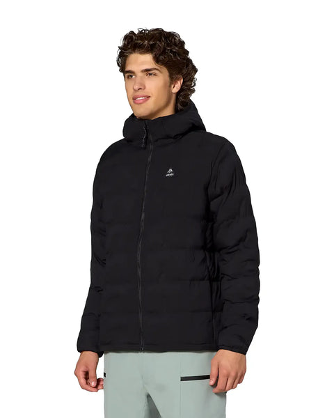 Man wearing a black hooded puffer jacket with front zip closure and chest logo