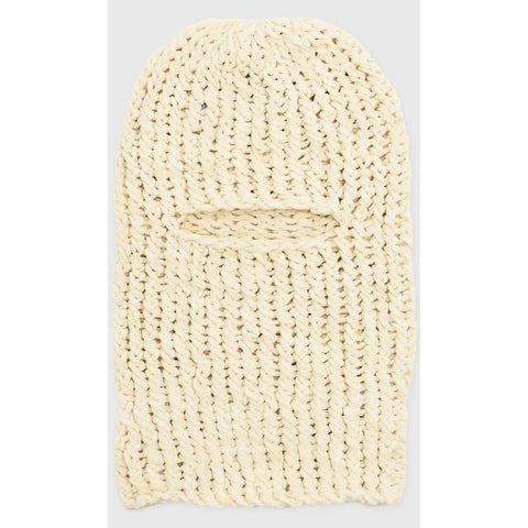Chunky knit balaclava ski mask laid flat on white background, single eye opening